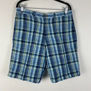 Tommy Bahama Linen Blend Shorts Mens Size 33 Flat Front Zip Fly Chino Plaid Blue